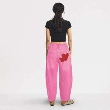 Heart Printed Barrel Jeans for Women - Vintage Style