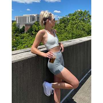 FRESOUGHT Yoga 2 Piece Outfits for Women Soft Seamless Clothes Gym Activewear Workout High Waisted Shorts Sets Grey S