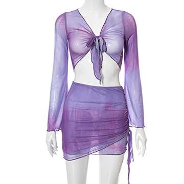 xperry Women Rave Tie Front Sheer Trim Mesh Faux Fur Crop Top Blouse Music Festivals Long Sleeve T S...