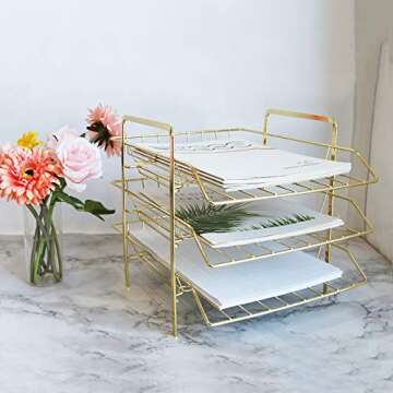 LUCYCAZ 3 Tier Gold Letter Tray Desk Organizer