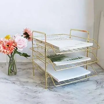 LUCYCAZ 3 Tier Gold Letter Tray Desk Organizer