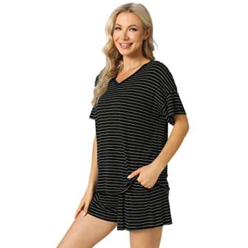 LazyCozy Striped Pajama Set for Women, Viscose Made from Bamboo, Short Sleeve Shirt with Sleep Shorts Soft PJ Set, Black Stripe, Small