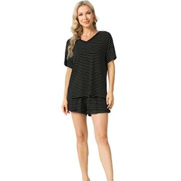 LazyCozy Striped Pajama Set for Women, Viscose Made from Bamboo, Short Sleeve Shirt with Sleep Shorts Soft PJ Set, Black Stripe, Small