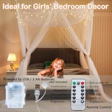White Bed Canopy with Lights for Girls, 8 Corner Princess Canopy Bed Curtains with Warm White LED St...