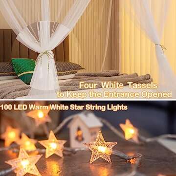 White Bed Canopy with Lights for Girls, 8 Corner Princess Canopy Bed Curtains with Warm White LED Star Lights Remote Control for Girls Bedroom, Hanging Canopy for Twin Full Queen King Bed