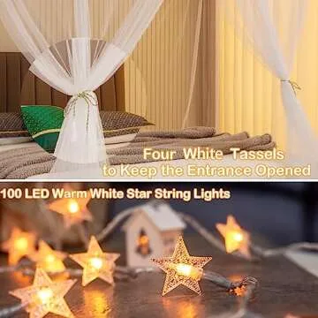 White Bed Canopy with Lights for Girls, 8 Corner Princess Canopy Bed Curtains with Warm White LED Star Lights Remote Control for Girls Bedroom, Hanging Canopy for Twin Full Queen King Bed
