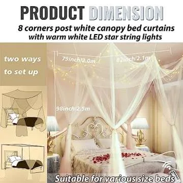 White Bed Canopy with Lights for Girls, 8 Corner Princess Canopy Bed Curtains with Warm White LED Star Lights Remote Control for Girls Bedroom, Hanging Canopy for Twin Full Queen King Bed
