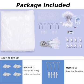 White Bed Canopy with Lights for Girls, 8 Corner Princess Canopy Bed Curtains with Warm White LED Star Lights Remote Control for Girls Bedroom, Hanging Canopy for Twin Full Queen King Bed