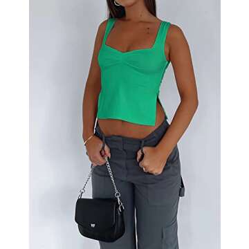 TiulZial Women's Sleeveless Backless Going Out Crop Tank Top Sexy Pleated Bustier Sweetheart Neck Strappy Y2K Slits Cropped Tops Green Crop Top,S