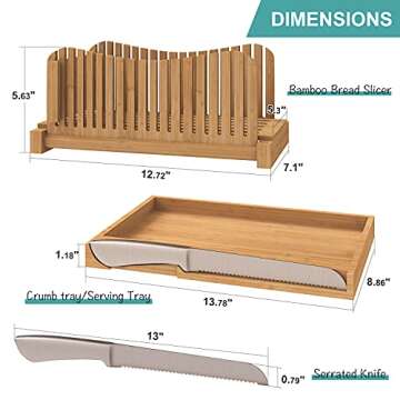 Bamboo Bread Slicer with Serrated Knife, Adjustable Bread Slicer Guide with 3 Thickness Size, Foldable Compact Chopping Cutting Board with Crumb Tray, Great for Homemade Bread, Cakes, Bagels