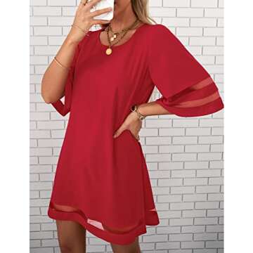 LookbookStore Red Dresses for Women Valentine's Day Dress True Red Elegant Dress for Valentines Day Casual Summer Wedding Guest Red Dress Women Bell Sleeve Tunic Shift Short Dress Size S