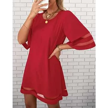 LookbookStore Red Dresses for Women Valentine's Day Dress True Red Elegant Dress for Valentines Day Casual Summer Wedding Guest Red Dress Women Bell Sleeve Tunic Shift Short Dress Size S