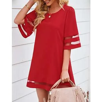 LookbookStore Red Dresses for Women Valentine's Day Dress True Red Elegant Dress for Valentines Day Casual Summer Wedding Guest Red Dress Women Bell Sleeve Tunic Shift Short Dress Size S