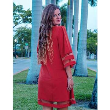 LookbookStore Red Dresses for Women Valentine's Day Dress True Red Elegant Dress for Valentines Day Casual Summer Wedding Guest Red Dress Women Bell Sleeve Tunic Shift Short Dress Size S