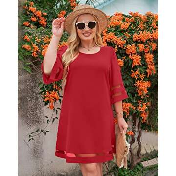 LookbookStore Red Dresses for Women Valentine's Day Dress True Red Elegant Dress for Valentines Day Casual Summer Wedding Guest Red Dress Women Bell Sleeve Tunic Shift Short Dress Size S