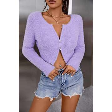 Blooming Jelly Womens Cropped Cardigan V Neck Y2k Sweater Zip Up Sweaters Sexy Fall Slim Fit Long Sleeve Tops(Medium,Purple)