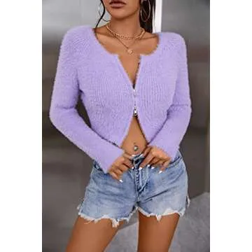 Blooming Jelly Womens Cropped Cardigan V Neck Y2k Sweater Zip Up Sweaters Sexy Fall Slim Fit Long Sleeve Tops(Medium,Purple)