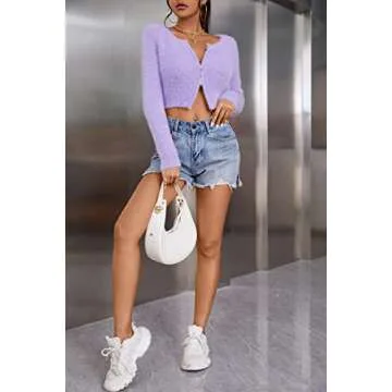 Blooming Jelly Womens Cropped Cardigan V Neck Y2k Sweater Zip Up Sweaters Sexy Fall Slim Fit Long Sleeve Tops(Medium,Purple)
