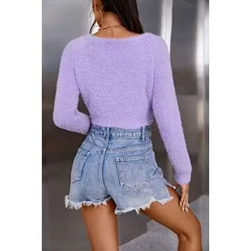Blooming Jelly Womens Cropped Cardigan V Neck Y2k Sweater Zip Up Sweaters Sexy Fall Slim Fit Long Sleeve Tops(Medium,Purple)