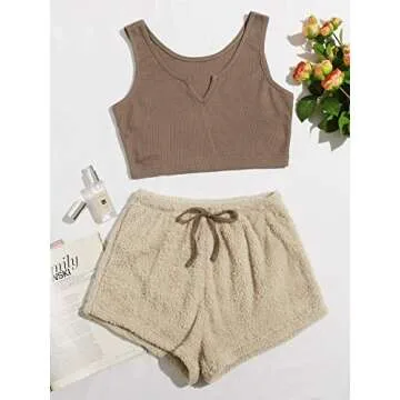 Verdusa Women's Notched Tank Top & Teddy Shorts Set