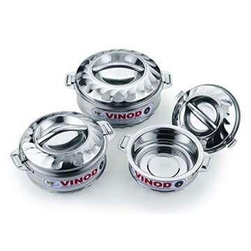 Vinod 3-Piece Insulated Casserole Food Warmer/Cooler Hot Pot Gift Set, 1000mL+1500mL+2500mL, Stainless Steel