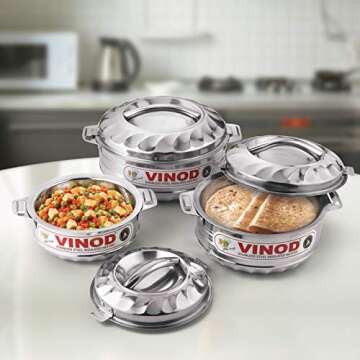 Vinod 3-Piece Insulated Casserole Food Warmer/Cooler Hot Pot Gift Set, 1000mL+1500mL+2500mL, Stainless Steel