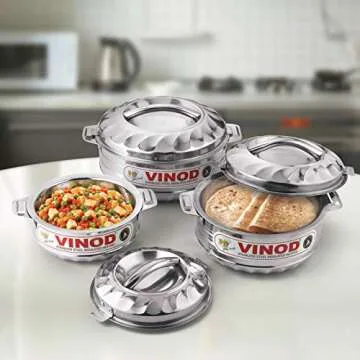 Vinod 3-Piece Insulated Casserole Food Warmer/Cooler Hot Pot Gift Set, 1000mL+1500mL+2500mL, Stainless Steel