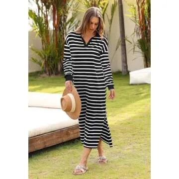 MEROKEETY Women's 2024 Fall Long Sleeve Striped Dress V Neck Collared Side Slit Casual Maxi Dresses, Black, M