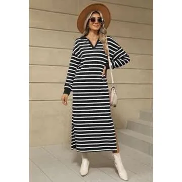 MEROKEETY Women's 2024 Fall Long Sleeve Striped Dress V Neck Collared Side Slit Casual Maxi Dresses, Black, M