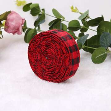 URATOT Red and Black Plaid Burlap Ribbon Christmas Wired Ribbon Wrapping Ribbon for Christmas Crafts Decoration, Floral Bows Craft (2.5cm x 6m)