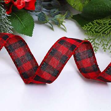 URATOT Red and Black Plaid Burlap Ribbon Christmas Wired Ribbon Wrapping Ribbon for Christmas Crafts Decoration, Floral Bows Craft (2.5cm x 6m)