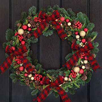 URATOT Red and Black Plaid Burlap Ribbon Christmas Wired Ribbon Wrapping Ribbon for Christmas Crafts Decoration, Floral Bows Craft (2.5cm x 6m)