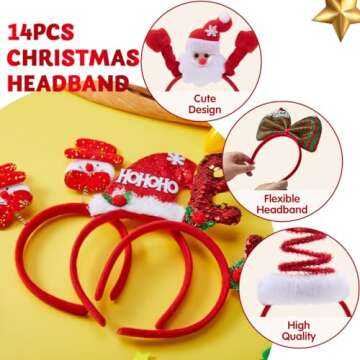 JOYIN 14 PCS Christmas Headbands with Different Designs Christmas Party Holiday Headbands for Kids Women Men Christmas and Holiday Parties Christmas Party Favors (ONE Size FIT ALL)