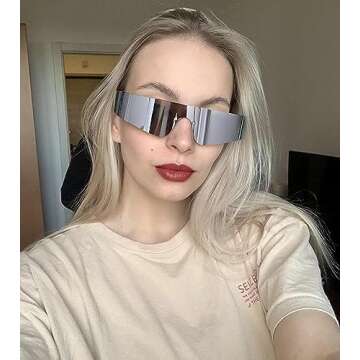 NULOOQ Y2K Rimless Futuristic Wrap Around Sunglasses Women Men, Trendy Cyberpunk Visor Sunglasses Monoblock Cyclops Shades (Black/Gray + Silver/Silver Mirrored) - 2 Pack
