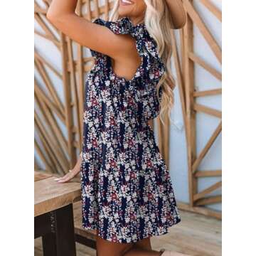 Dokotoo Beach Vacation Clothes for Women 2025 Resort Wear Bohemian Drawstring V Neck Short Ruffle Sleeve Floral Casual Boho Sundress Flowy A Line Mini Tunic Short Sun Dress Multicolor Medium
