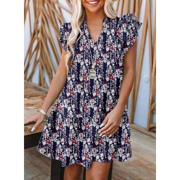 Dokotoo Beach Vacation Clothes for Women 2025 Resort Wear Bohemian Drawstring V Neck Short Ruffle Sleeve Floral Casual Boho Sundress Flowy A Line Mini Tunic Short Sun Dress Multicolor Medium