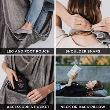 Lightweight Travel Blanket - Premium & Compact Airplane Wearable Blanket with Neck Snaps, Cozy Foot Pockets, Zipper Pouch - Converts into Soft Pillow - Designed for Ultimate Comfort - Shadow
