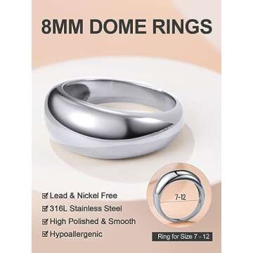 GOLDCHIC JEWELRY High Polished Silver Dome Ring for Women, Big Large Finger Danity Ring Chunky Wide Statement Ring, Size 8 Ring