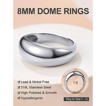 GOLDCHIC JEWELRY High Polished Silver Dome Ring for Women, Big Large Finger Danity Ring Chunky Wide Statement Ring, Size 8 Ring