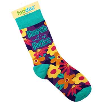 Fabdaz Women's Novelty Floral Crew Socks with Funny Saying - Fresh Out of F-cks - 1 Pair - 1 Size Fits Most
