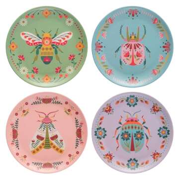 Karma, 7.75 inches Melamine Dessert Plates Set of 4, Reusable Dishwasher Safe Plates for Outdoor and Indoor, Bugs
