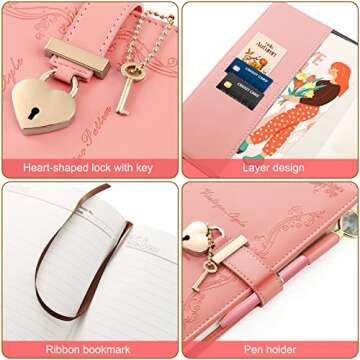 Mousbull Lock Diary with Key and Pen for Girls - 192 Pages Vintage Leather Journal with Heart Lock