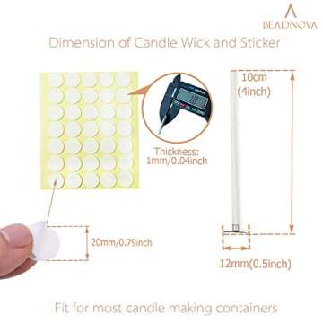 BEADNOVA Candle Cotton Wicks 4 Inch 50pcs with Stickers Short Candle Making Wicks and Double Sided S...