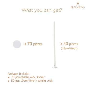 BEADNOVA Candle Cotton Wicks 4 Inch 50pcs with Stickers Short Candle Making Wicks and Double Sided Stickers for Making DIY