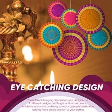 Hanaive 17 Pieces Happy Diwali Hanging Paper Fan Decorating Deepavali Themed Round Pattern Paper Gar...