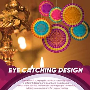 Hanaive 17 Pieces Happy Diwali Hanging Paper Fan Decorating Deepavali Themed Round Pattern Paper Gar...