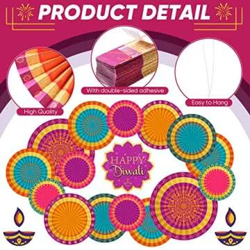 Hanaive 17 Pieces Happy Diwali Hanging Paper Fan Decorating Deepavali Themed Round Pattern Paper Garlands Set Indian Diwali Party Decoration for Indoor Decorations Hindu Diwali Greeting Party Supplies