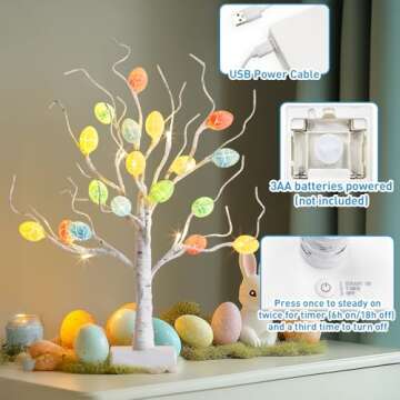 PEIDUO Easter Tree for The Home, 22in 24 LED Easter Egg Tree with Lights, Lighted Easter Tree Decor, USB and Battery Powered, 6H/18H Timer