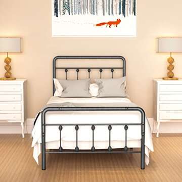 Noillats Metal Bed Frame Twin Size with Vintage Headboard and Footboard, Premium Stable Steel Slat Support Mattress Foundation, No Box Spring Needed and Easy Assembly, Dark Grey