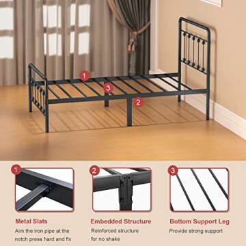 Noillats Metal Bed Frame Twin Size with Vintage Headboard and Footboard, Premium Stable Steel Slat Support Mattress Foundation, No Box Spring Needed and Easy Assembly, Dark Grey